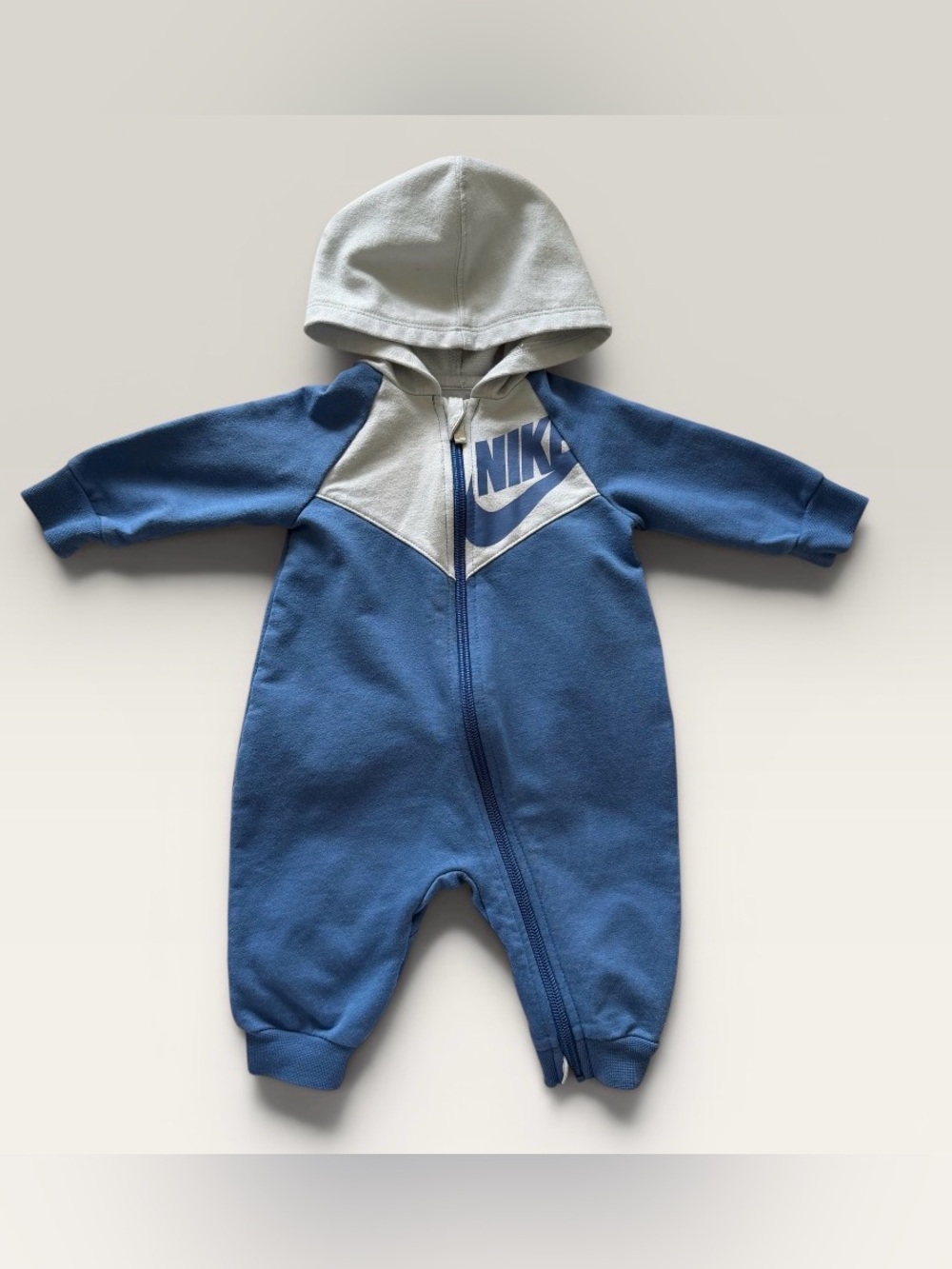 Nike Blue and White Hooded Baby One-Piece Romper